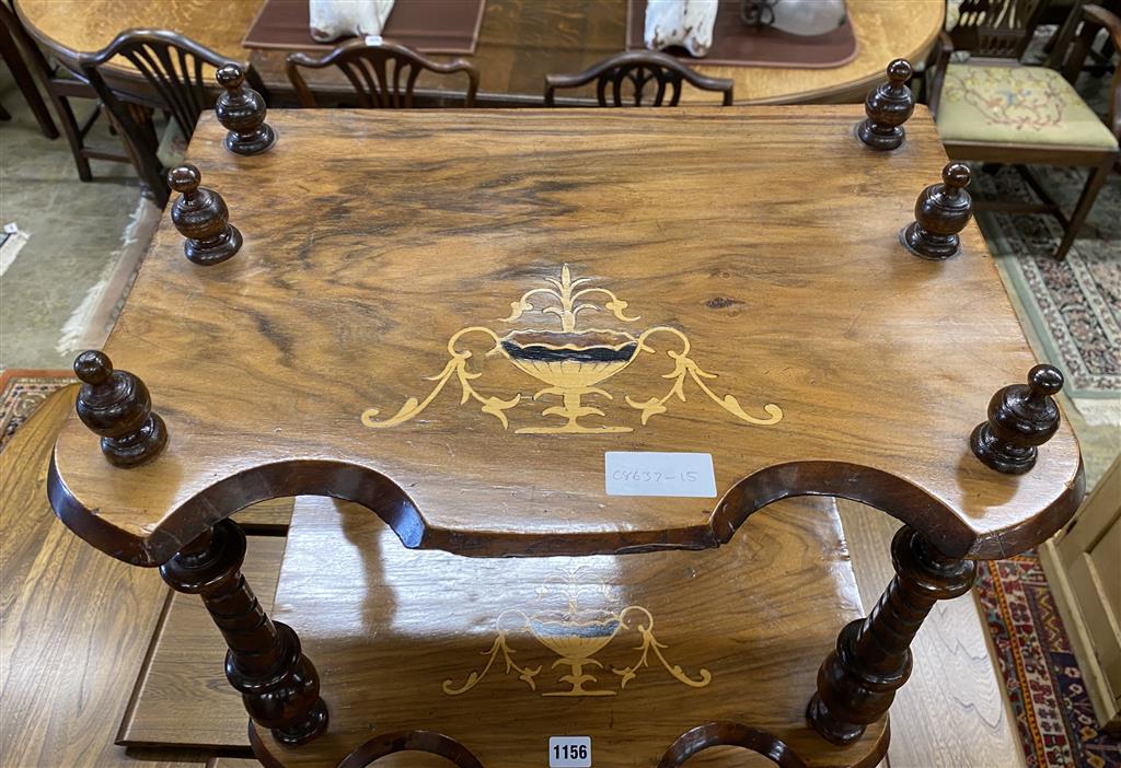 A Victorian marquetry inlaid walnut three tier whatnot, width 50cm, depth 34cm, height 97cm